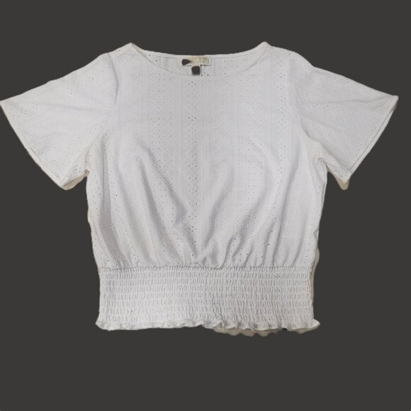 Michael Kors Collection White Eyelet Smocked-Hem Blouse - Women's Size M - Picture 8 of 12